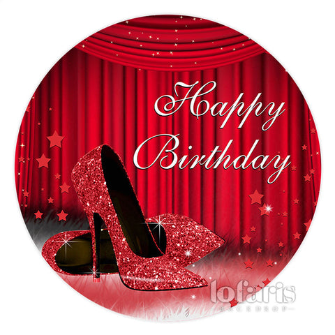 Toile de fond de cercle de joyeux anniversaire de talons hauts rouges brillants