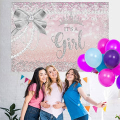 Toile de fond de douche de bébé rose argent arc et couronne giltter