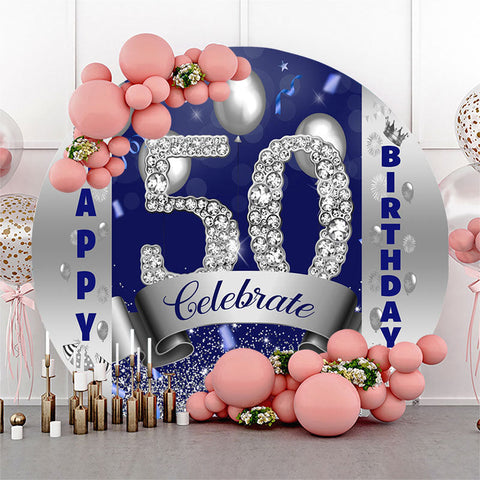 Toile de fond ronde de 50e anniversaire de ballons de diamant d'argent