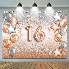 Toile de fond de joyeux 16e anniversaire de ballon en or rose argenté