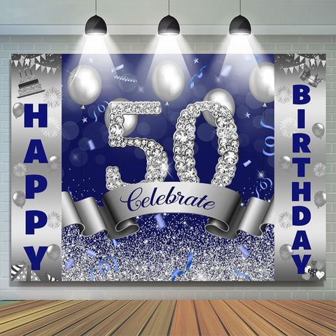 Toile de fond joyeux 50e anniversaire paillettes argent et bleu bokeh