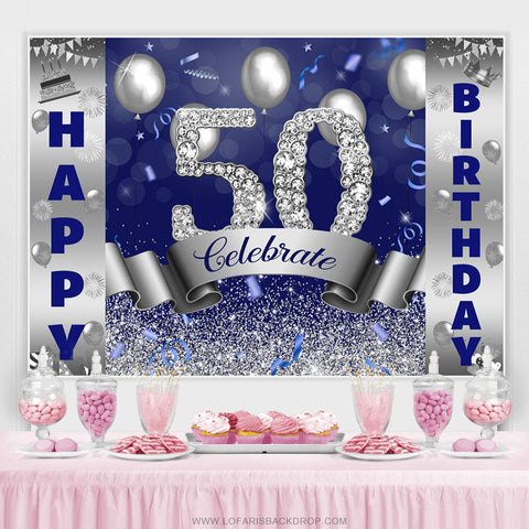 Toile de fond joyeux 50e anniversaire paillettes argent et bleu bokeh