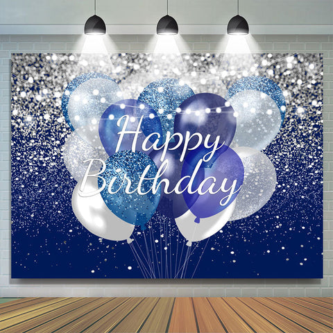 Toile de fond anniversaire ballons paillettes argent et bleu marine