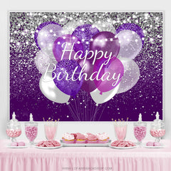 Toile de fond d'anniversaire de ballons à paillettes argentées et violettes