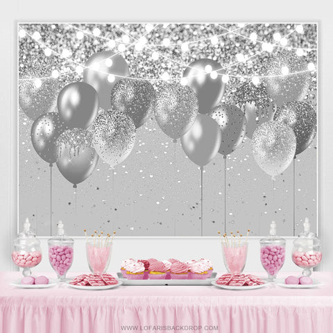 Toile de fond joyeux anniversaire ballons paillettes argent bokeh