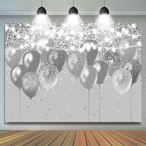 Toile de fond joyeux anniversaire ballons paillettes argent bokeh