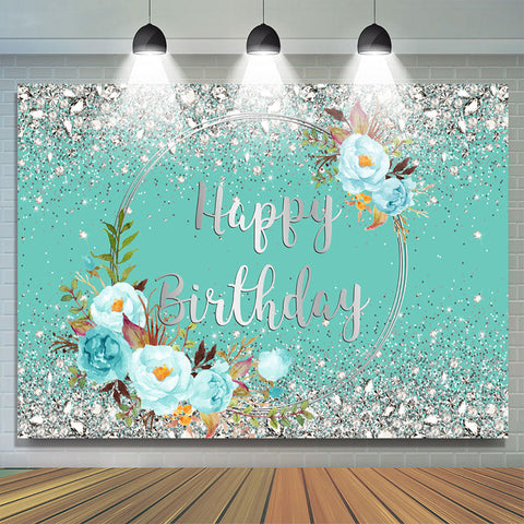Toile de fond d'anniversaire cyan floral bleu diamants argentés