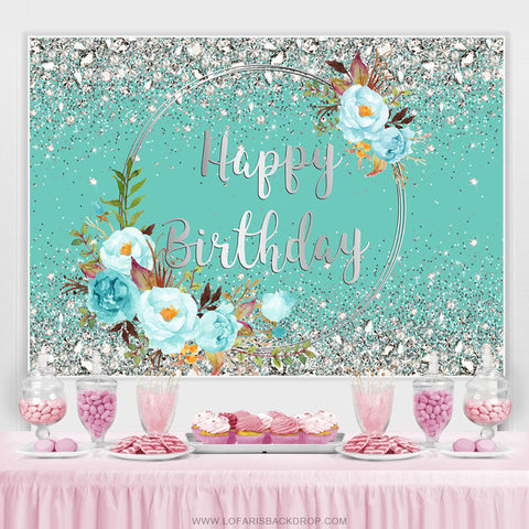 Toile de fond d'anniversaire cyan floral bleu diamants argentés
