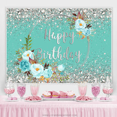 Toile de fond d'anniversaire cyan floral bleu diamants argentés