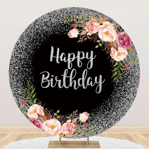 Toile De Fond Ronde D'anniversaire De Paillettes D'argent Et De Fleurs Roses