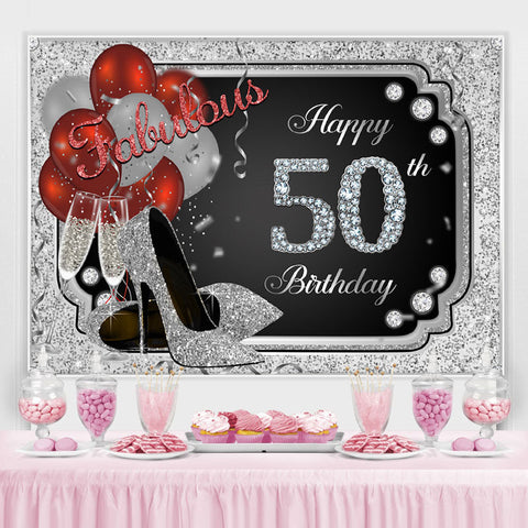 Silver Glitter Happy 50e anniversaire talons Bolloon Party Backdrop