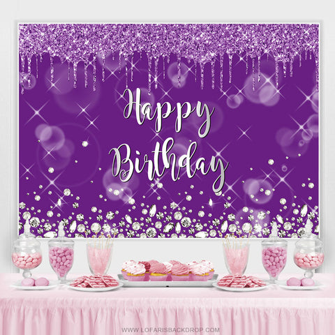 Toile de fond de joyeux anniversaire flou violet paillettes argentées