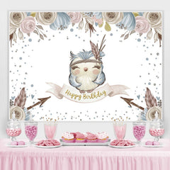 Petit hibou bleu fleurs joyeux anniversaire photo toile de fond