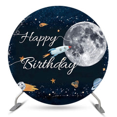 Couverture de toile de fond ronde Space Moon Rocket Happy Birthday