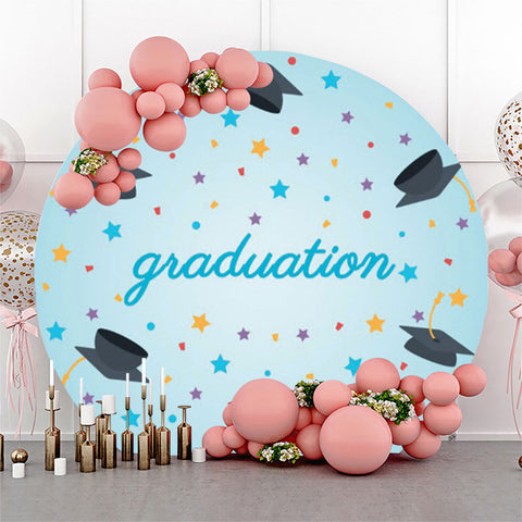 Star Mortarboard Blue Round Graduates Party Backdrop