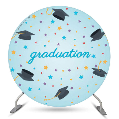 Star Mortarboard Blue Round Graduates Party Backdrop