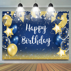 Toile de fond de joyeux anniversaire ballon bleu étoiles et drapeaux