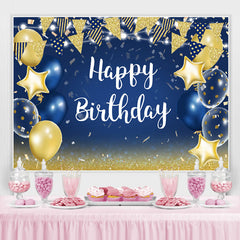 Toile de fond de joyeux anniversaire ballon bleu étoiles et drapeaux