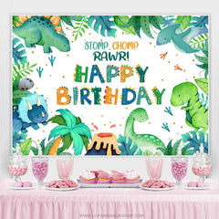 Stomp Chomp Rawr Feuilles vertes Toile de fond de fête d'anniversaire