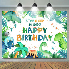 Stomp Chomp Rawr Feuilles vertes Toile de fond de fête d'anniversaire