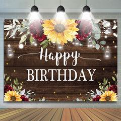 Toile de fond de joyeux anniversaire en bois de tournesol et de roses rouges