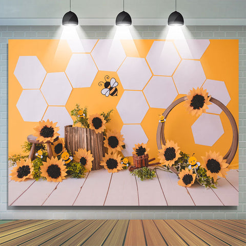 Toile de fond de f¨ote d'anniversaire de plancher en bois d'abeille de tournesol pour bébé|