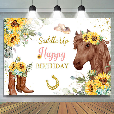 Tournesols et toile de fond d'anniversaire de paillettes d'or de cheval brun