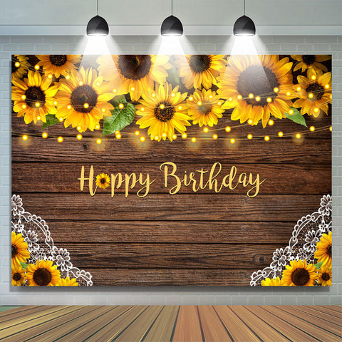 Tournesols et toile de fond joyeux anniversaire en bois de dentelle