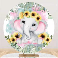 Tournesols et toile de fond ronde de fête de naissance d'éléphant rose