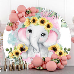 Tournesols et toile de fond ronde de fête de naissance d'éléphant rose