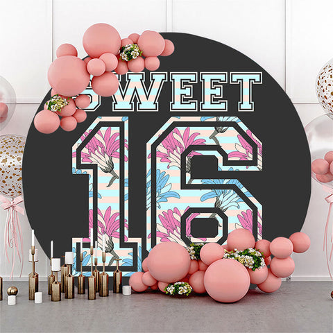 Couverture de toile de fond ronde Sweet 16 anniversaire floral noir