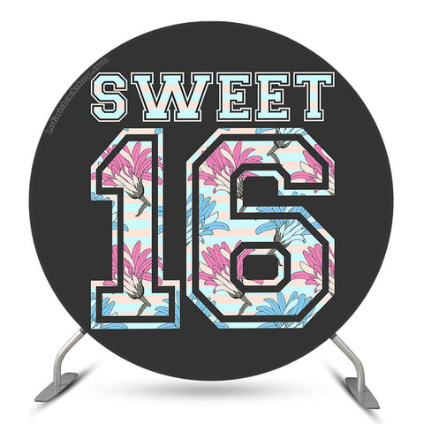 Couverture de toile de fond ronde Sweet 16 anniversaire floral noir