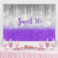 Sweet 16 Toile de fond d'anniversaire Bokeh à paillettes violettes et grises
