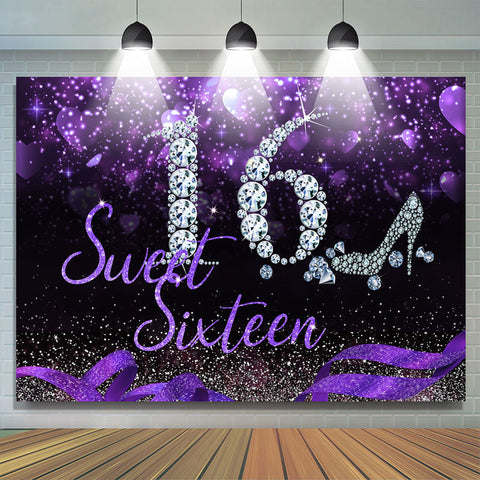 Sweet 16 Silver Diamond Purple Glitter Seize Anniversaire Toile de Fond pour Fille