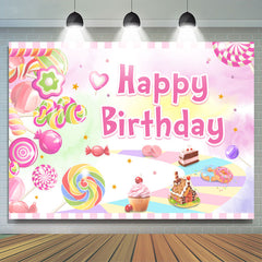Fond de joyeux anniversaire sur le thème du monde des desserts roses doux