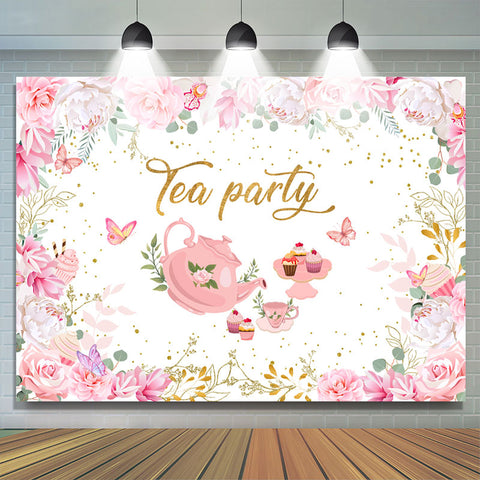 Tea Party Rose Et Blanc Floral Joyeux Anniversaire Toile De Fond