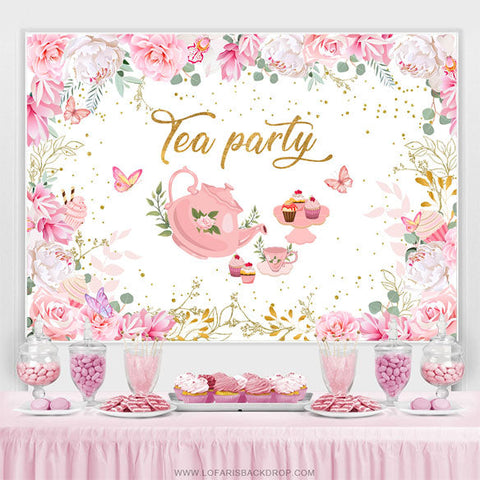 Tea Party Rose Et Blanc Floral Joyeux Anniversaire Toile De Fond