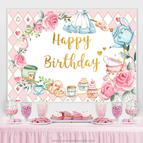 Tea Party Thème Rose Angleterre Joyeux Anniversaire Toile de Fond