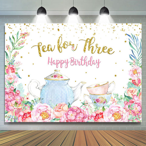 Théière et toile de fond florale joyeux 3e anniversaire pour fille