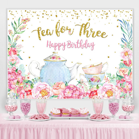 Théière et toile de fond florale joyeux 3e anniversaire pour fille