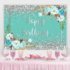 Fleurs Tiffany Bule et toile de fond joyeux anniversaire argentée