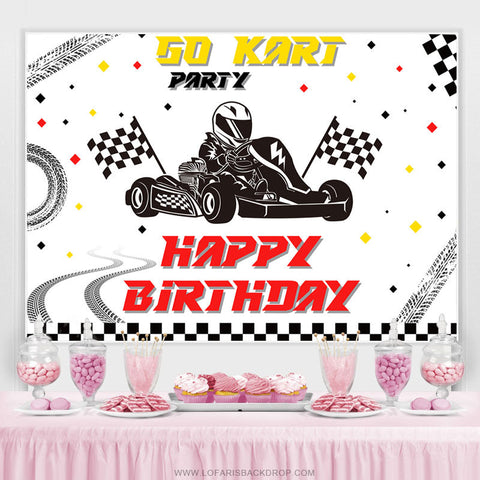 Toile de fond de piste de drapeau de bloc pour la fête d'anniversaire de Go Kart