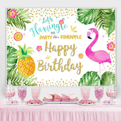 Toile de fond d'anniversaire d'ananas de flamants roses de feuilles tropicales