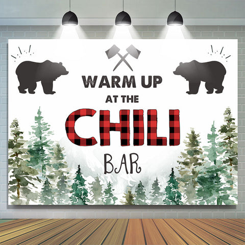 Réchauffez-vous au Chili Bar Forêt de pins Toile de fond d'hiver