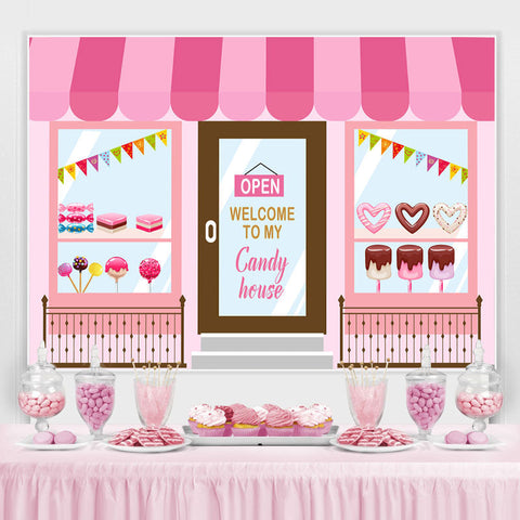 Bienvenue dans la toile de fond de joyeux anniversaire du thème Candy House