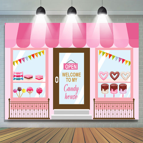 Bienvenue dans la toile de fond de joyeux anniversaire du thème Candy House