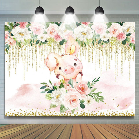 Toile de fond de douche de bébé cochon mignon floral blanc et rose