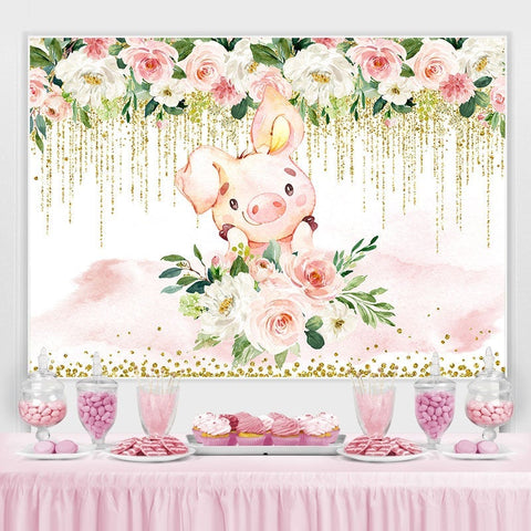 Toile de fond de douche de bébé cochon mignon floral blanc et rose