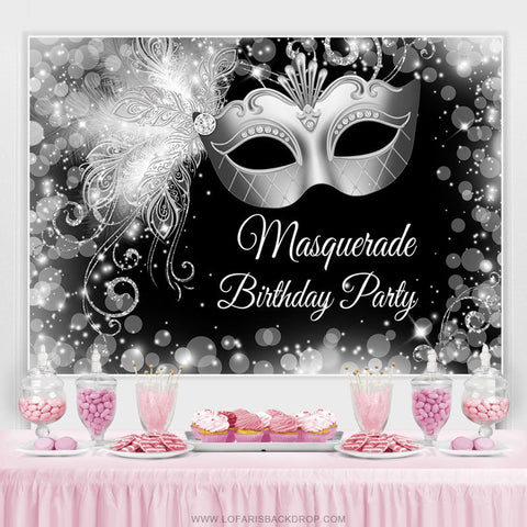 Toile de fond joyeux anniversaire mascarade argent noir blanc