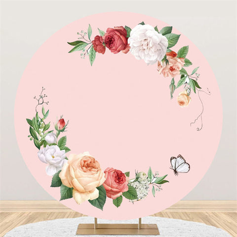 Floral blanc et feuilles vertes fond d'anniversaire rond rose